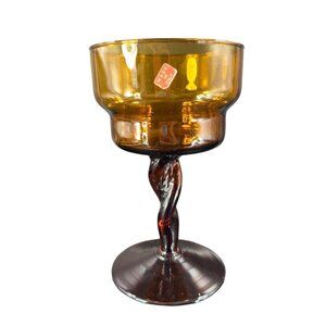 Vintage 1970s Empoli Italian Glass Amber Twisted Stem Compote Cup Venetian Glass